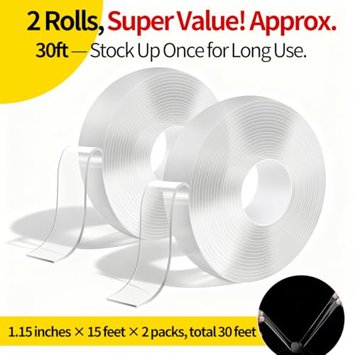 2 Rolls Heavy Duty Double Sided Mounting Tape - 1.2 Inches Wide, 0.07 Inches Thick, 15FT/Roll - Removable, Residue-Free for Home/Office/Outdoor