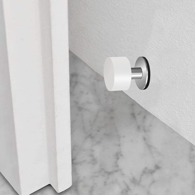 Door Stop, White Silicone with Stainless Steel Base, Self-Adhesive Wall Mounted, Impact Absorbing Design for Walls and Furniture Protection.1.57in.2-Pack