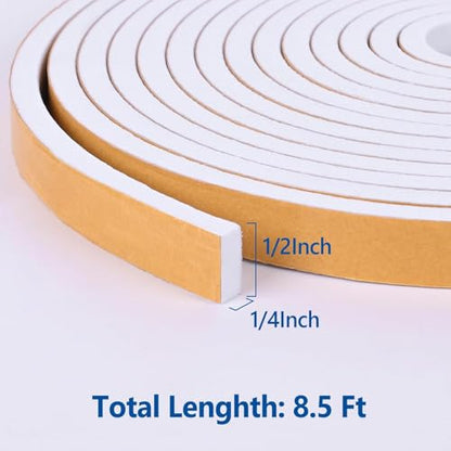 Kikerike Self Adhesive Foam Tape Weatherstrip 1/2in x 1/4in x 8.5Ft High Density Foam Insulation Strips Seal Weather Stripping with Strong Adhesive for Door and Window Sound Isolation Soundproofing - size: 1/2in X 1/4in X 8.5ft