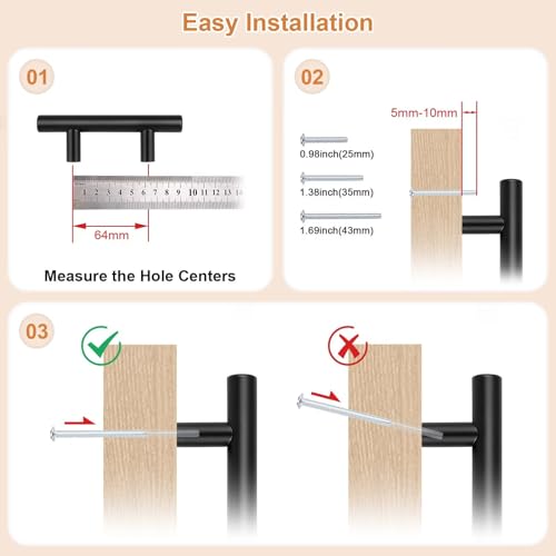 Probrico 5 Pack Hole Centers (64mm) 2-1/2inch Black Kitchen Cabinet Handles Stainless Steel Matte Black Cabinet Pulls Round T Bar Pull Handle for Cabinets and Drawers Total Length 4inch(100mm) - color: Black, size: Hole Centers: 2-1/2"