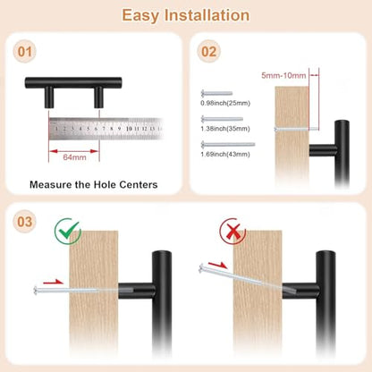 Probrico 5 Pack Hole Centers (64mm) 2-1/2inch Black Kitchen Cabinet Handles Stainless Steel Matte Black Cabinet Pulls Round T Bar Pull Handle for Cabinets and Drawers Total Length 4inch(100mm) - color: Black, size: Hole Centers: 2-1/2"
