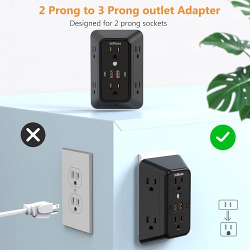 Surge Protector Outlet Extender, 6 Outlet Extender with 4 USB Charging Ports (2 USB C), 3 Sided Multi Plug Wall Adapter for Home, Office, Travel-2 Pack,Black - color: Black-6 Outlets-2 Pack