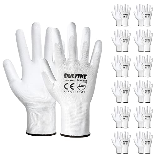 DULFINE Safety Work Gloves PU Coated-12 Pairs,White Seamless Knit Glove with Polyurethane Coated Smooth Grip on Palm & Fingers, for Men and Women, Ideal for General Duty Work (Small) - color: White, size: Small