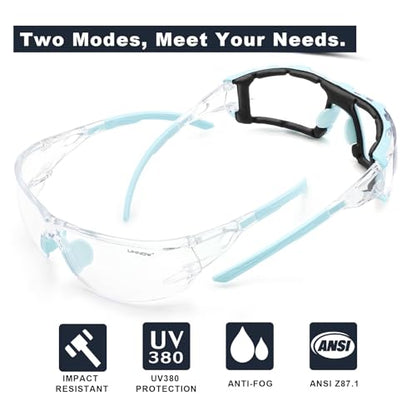 UKNOW Safety Glasses - Anti Fog Wraparound Lenses - Removable Foam Gasket - ANSI Z87.1 Protective Eyewear - Impact Resistant - color: Celeste
