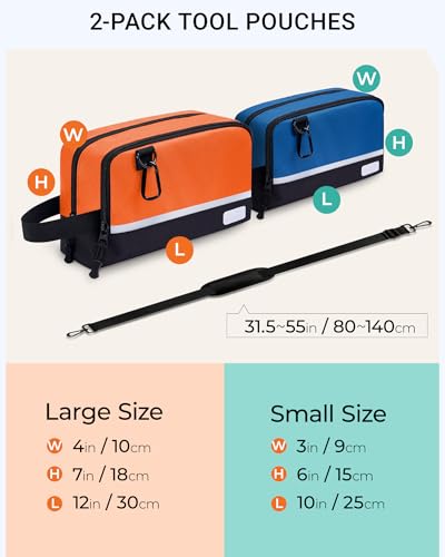 2 Pack Small Tool Bags Zipper Pouch for Organizing, with Adjustable Shoulder Strap & Carabiner, Utility Small Tool Pouch with Multi Pocket Compartments and Label Area (12" & 10") - color: Blue/Orange