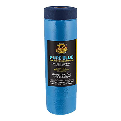 Dura-Gold 43" x 65' Pure Blue Pre-Taped Masking Film - Painters Plastic Roll (0.4 Mil) Pull Down Drop Sheet, Pre-Taped Plastic Sheeting for Painting Protection on Auto, Walls, Furniture - size: 43-inch