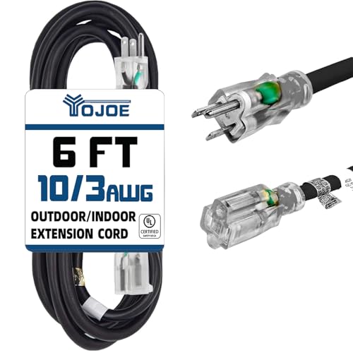 YOJOE Indoor Outdoor Extension Cord with Lighted End, 3 Prong 15A Weatherproof Power Cord, 10 Gauge Heavy Duty 6 ft Black Extension Cord for Garage, Garden and Home, 10/3 SJTW UL Listed - color: Black, size: 6 Foot