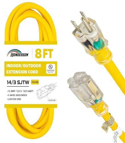 Indoor Outdoor Extension Cord Weatherproof with Lighted End, UL Certified, 14 Gauge 8FT Yellow 3 Prong Heavy Duty, 14/3 SJTW 15A Power Cord for Outdoor Lights, Lawn - size: 8FT, style: 14/3