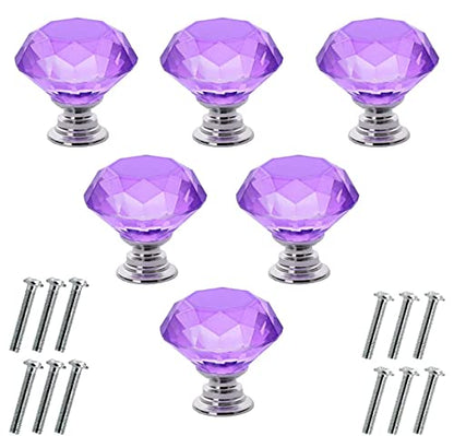 Akstore 6 Pcs Crystal Glass Cabinet Knobs 30mm Diamond Shape Drawer Kitchen Cabinets Dresser Cupboard Wardrobe Pulls Handles (30mm, Purple) - color: Purple, size: 30 mm