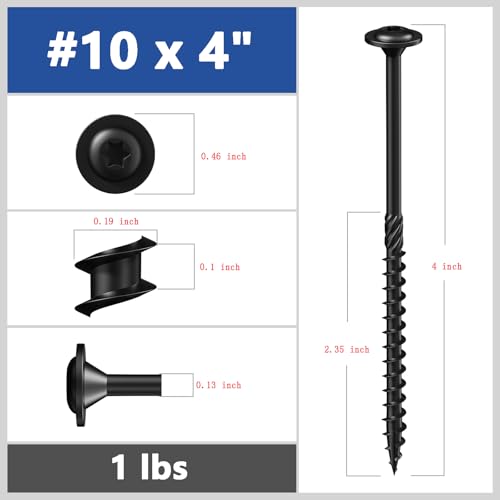 Wensilon (1 lbs)#10 x 4 Black Lag Screws, Structural Wood Screw, Heavy Duty Construction Screw, Rust Resistant, Washer Head, Black Coated Exterior Wood Screws, Star Drive with Bit - color: Black, size: #10 x 4"