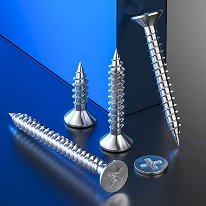 Wensilon (135Pcs) 304 Stainless Steel Wood Screw Quick Metal Self Tapping Flat Head with Drywall Plastic Anchors kit - size: SS304 Flat Head Wood Screws