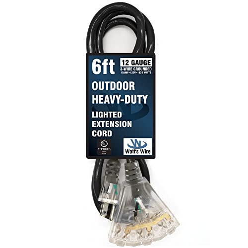 6 ft Short Outdoor Extension Cord Waterproof - 12 Gauge Heavy Duty Extension Cord Splitter Outdoor 6 ft - Lighted Outdoor Extension Cords with Multiple Outlets - Watts Wire - 6' Grounded - size: 6 Ft