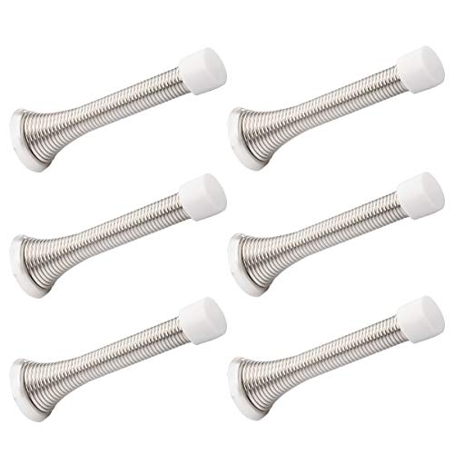 6 Pack Spring Door Stopper Brushed Satin Nickel- 3-1/4" Flexible Spring Door Stops with White Rubber Bumper Tips - color: Satin Nickel, size: 6 Pack