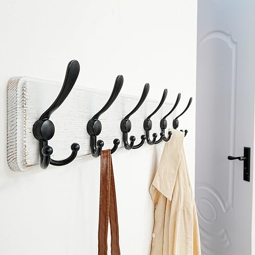 Dseap Coat Rack Wall Mounted - 24" Long 6 Tri Hooks, Heavy Duty Wooden Wall Coat Hanger Coat Hook for Clothes Hat Jacket Clothing, White and Black, Pack of 2 - color: White & Black, size: L=24"