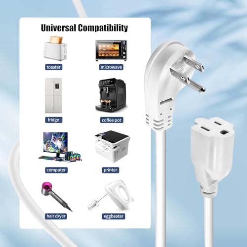 1875W Short Extension Cord,15A 14AWG Low Profile Flat Plug Heavy Duty Extension Cord Outlet Saver 3-Prong Grounded Power Extension Cable (White 1 Feet) - size: White 1 feet