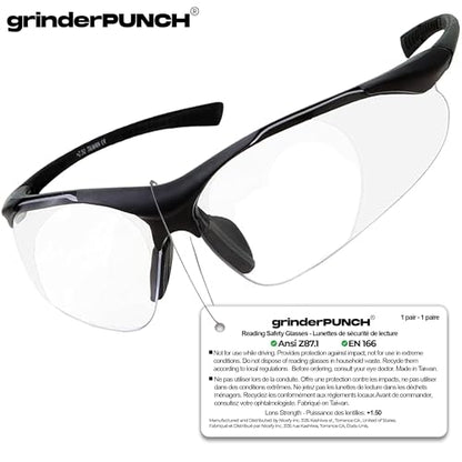 grinderPUNCH Full Lens Magnification Safety Glasses Readers ANSI Z87 Impact Resistant Diopter Magnifying Reading Glasses - style: +1.50 Diopter