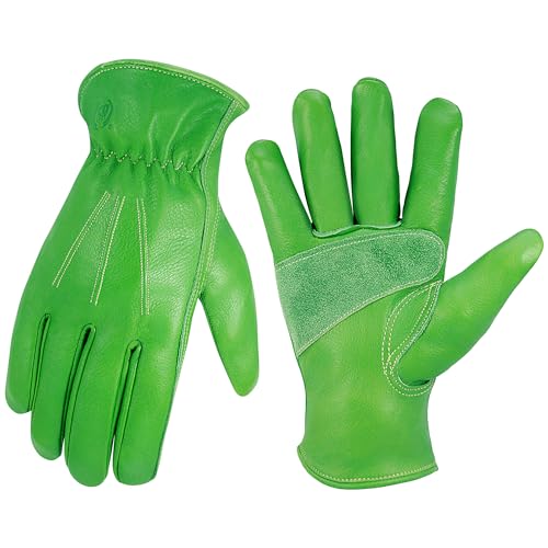 Leather Work Gloves for Men & Women, Reinforced Durable Gardening Gloves,Cowhide Work Gloves,Puncture & Cut Resistant - color: Green, size: Small