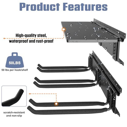 WALMANN Wall Mounted Garden Tool Rack with Shelves for Garage, Heavy Duty Folding Chair Hangers, 11-Inch Tool Storage Hooks for Shovels, Rakes, Ladders(Tool Rack with Shelf) - style: Tool Rack with Shelf