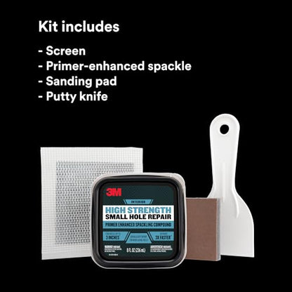 3M High Strength Small Hole Repair Kit, Inlcudes Spackling Compound, Putty Knife, Sanding Sponge, and Self-Adhesive Patch, For Hole Repairs Up To 3" in Diameter, Easy Wall Repair (SHR-SIOCKIT) - size: 4 Piece Set