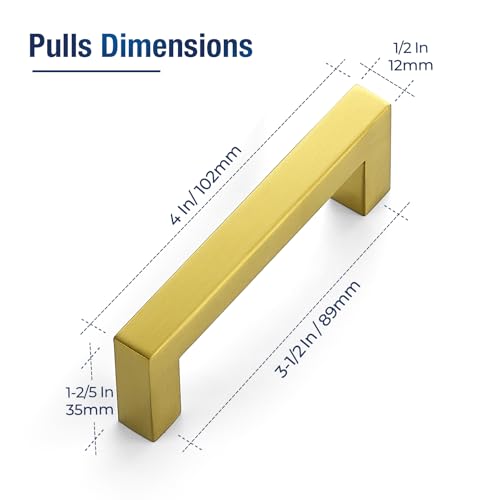 JOY DECOR 2 Pack Cabinet Handles, Gold Cabinet Pulls, 3-1/2 Inch Kitchen Handles Square Drawer Pulls Stainless Steel Drawer Hardware Handles, 89mm Hole Centers - size: 3-1/2 Inch Hole Center