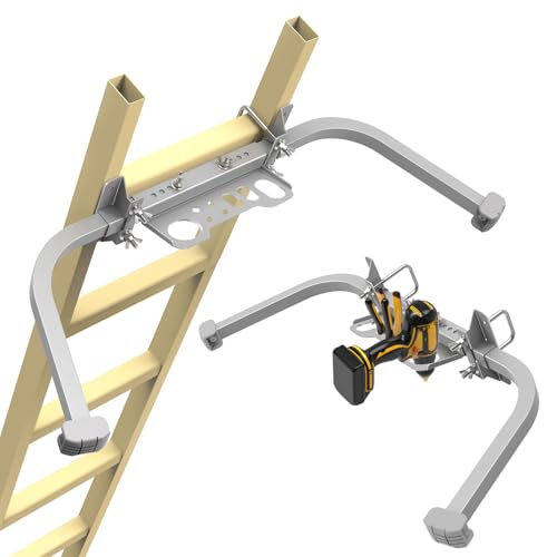 Aluminum Ladder Stabilizer, Heavy Duty Extended Ladder Accessories for Roof Gutter Guard Cleaning with Tool Tray, Ladder Stand-Off Wing Span with Non-Slip Rubber Bottom Pad - color: Silver Gray + tool tray