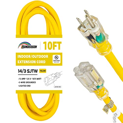 Indoor Outdoor Extension Cord Weatherproof with Lighted End, UL Certified, 14 Gauge 10FT Yellow 3 Prong Heavy Duty, 14/3 SJTW 15A Power Cord for Outdoor Lights, Lawn - size: 10FT, style: 14/3