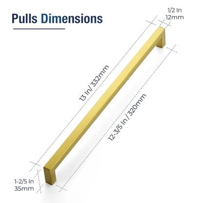 JOY DECOR 2 Pack Gold Cabinet Handles, 12-3/5 Inch Hole Center Cabinet Pulls – Square Stainless Steel Kitchen Knobs for Drawers, Dressers, Cupboards & Vanities - size: 12-3/5 Inch Hole Center
