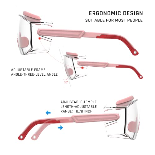 Anti Fog Safety Glasses Safety Goggles Over Glasses Protective Glasses with Anti Scratch Lenses Adjustable - color: 2 Pack (Pink + White)