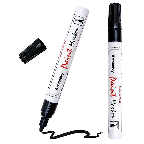 Artsunlvy Black Paint Pens Permanent Markers - 2 Pack Oil Based Quick Dry Waterproof Markers for Plastic, Tire, Rubber,Wood, Rocks, Metal, Canvas, Dark Surface,Craft Art Supplies,Medium Point - color: Black
