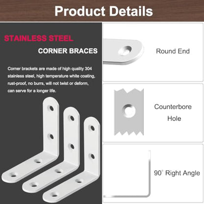 16 Pcs White 2.5 Inch L Bracket Stainless Steel Corner Braces, Heavy Duty 90 Degree Joint Right Angle Brackets for Wood Shelves, Cabinet, Frame, with Screws - size: L/2.5inch*2.5inch 16Pack