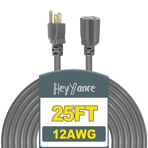 25 Ft Heavy Duty Outdoor Extension Cord Waterproof - 12/3 SJTW 15A 1875W Gray Extension Cable with 3 Prong Grounded Plug, Waterproof Electric Cable for Lawn, Garden, Appliances, UL Listed - color: Grey, size: 25 ft