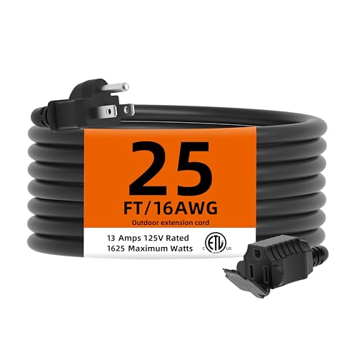 TiFFCOFiO Indoor Outdoor Extension Cord Waterproof, 25 Feet 3 Prong Power Cord for Home and Garden, 16 AWG, 13A/1625W, ETL Listed