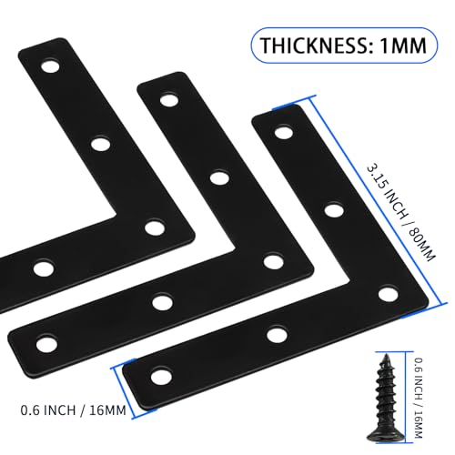 Hordion 10Pcs 3 x 3 Inch L Bracket Corner Brace (80 X 80mm), Iron Flat Corner Bracket, Metal L Shaped Support Brace, Right Angle Repair Plates with Screws - size: 3" x 3" (Black), style: L-Shape