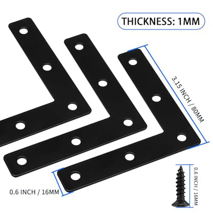 Hordion 10Pcs 3 x 3 Inch L Bracket Corner Brace (80 X 80mm), Iron Flat Corner Bracket, Metal L Shaped Support Brace, Right Angle Repair Plates with Screws - size: 3" x 3" (Black), style: L-Shape