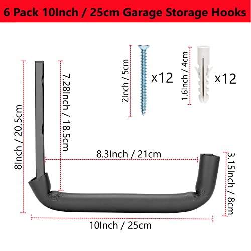 Garage Hooks, 10" Heavy Duty Garage Storage Tool Hangers, Wall Mount Storage Hooks for Garden Tools, Ladders, Bikes, Bulky Items