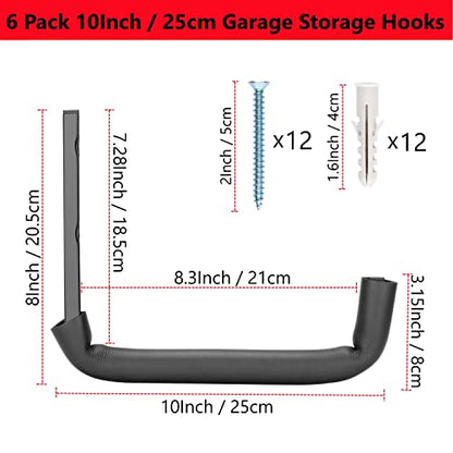 Garage Hooks, 10" Heavy Duty Garage Storage Tool Hangers, Wall Mount Storage Hooks for Garden Tools, Ladders, Bikes, Bulky Items