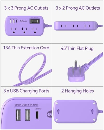Purple Extension Cord with Surge Protected - Cute Travel Power Strip with 6 AC Outlet 3 USB (1 USB-C) Charging Station, Purple Desk Accessories Wall Mountable Cute Kawaii Lavender Office Dorm Room - size: 5 FT-Purple-45°Plug, style: 6AC+2U1C