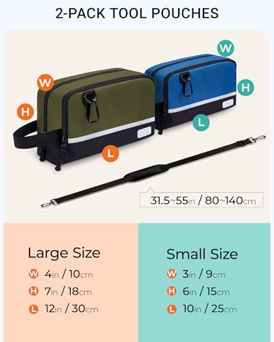 2 Pack Small Tool Bags Zipper Pouch for Organizing, with Adjustable Shoulder Strap & Carabiner, Utility Small Tool Pouch with Multi Pocket Compartments and Label Area (12" & 10") - color: Blue/Green