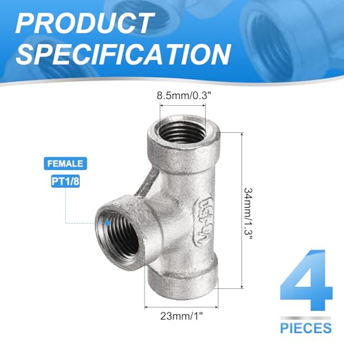 uxcell 4 Pcs 304 Stainless Steel Tee Pipe Fittings G1/8" Female Tee Adapter 3 Way t Shaped Cast Pipe Fitting Connector with Seal Tape for Plumbing Drainage Pipes Heating Systems - size: G1/8"