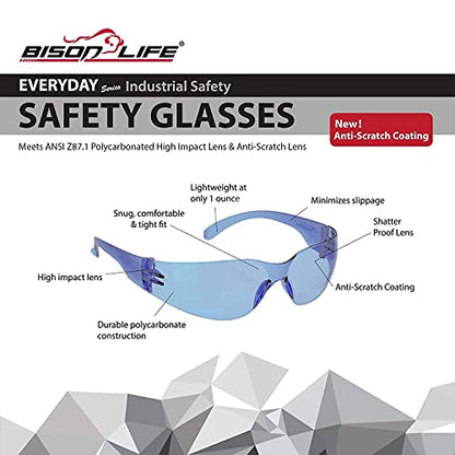 BISON LIFE Clear Safety Glasses – ANSI Z87.1 Scratch & Impact Resistant Wrap Around Eye Protection Goggles for Men & Women - color: 4 Colors