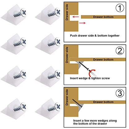 Canomo 100 Packs Fixing Mending Wedges 90 Degree Drawer Plastic Angle Code Bracket for Furniture Chest Drawer Bottom Repair with Screws, 14.5x13.5x9.5mm - size: 14.5x13.5x9.5mm
