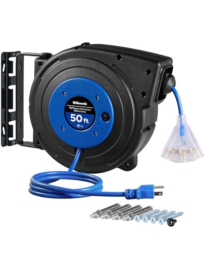 Retractable Extension Cord Reel, 50 FT Heavy Duty Power Cord, 14AWG/3C SJTOW, 3 Grounded Outlets Lighted Triple Tap, 13 Amp Circuit Breaker, UL Listed, Blue U50CR06 - color: Blue