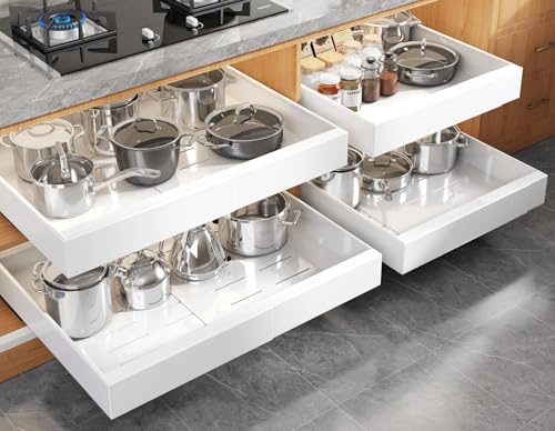 Seinloes 4 Pack Expandable Pull Out Cabinet Organizer 21"Deep With Raising Pad for Framed Cabinets,Upgrade 3 Slide Rails Slide Out Drawers,No Drill Roll Out Shelves,Adjustable Width 15.1"-26.3" White - color: White, size: 21"D x 15.1"-26.3"W(4Pack)