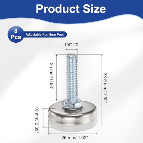 uxcell 1/4"-20 Thread Furniture Feet Levelers, 8Pcs 25mm l Adjustable Furniture Feet Screw in Threaded Leveling Leg Screw on Chair Foot Glides Leveling for Table Chair Silver - color: Silver, size: 1/4"-20 25mm