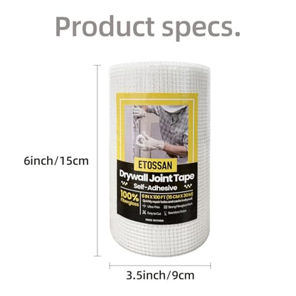 Drywall Joint Tape 6 Inch x 150FT Self-Adhesive Fiberglass Mesh Tape for Wall Crack Repair & Drywall Finishing