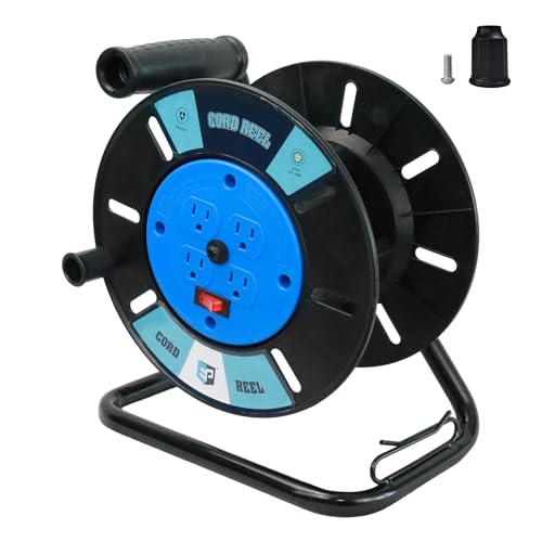 EP Extension Cord Storage Reel with 4-Grounded Outlets, Heavy Duty Open Cord Reel for 12/3 14/3 16/3 Power Cords, Portable Empty Hand Crank Electric Cord Roller Holder, Blue - color: Blue