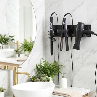 Hair Dryer Holder Wall Mounted 3 in 1 Bathroom Hair Tool Organizer Rack with Curling Iron Holder & Flat Iron Holder Blow Dryer Holder for Universal Dryer, Matte Black