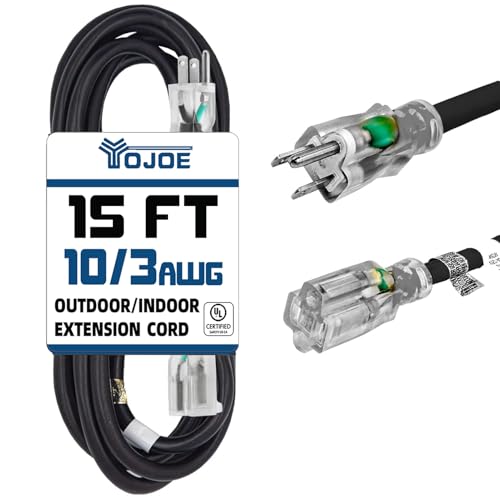 YOJOE Indoor Outdoor Extension Cord with Lighted End, 3 Prong 15A Weatherproof Power Cord, 10 Gauge Heavy Duty 15 ft Black Extension Cord for Garage, Garden and Home, 10/3 SJTW UL Listed - color: Black, size: 15 Foot