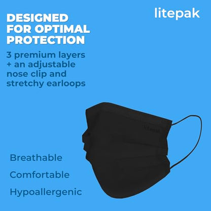 100pcs Premium Individually Wrapped Disposable Face Mask Black Premium Comfort Earloops Nose Wire - color: Black