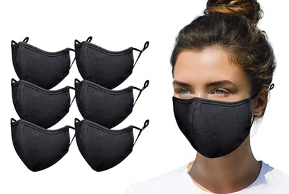 Simlu 6 Pack Premium Fabric Face Mask Reusable with Adjustable Elastic, 2 Layer,Cotton, Breathable, Nose Wire Black Cloth face Mask Washable Fits Men Women and Kids Made In USA - color: 6 Pack
